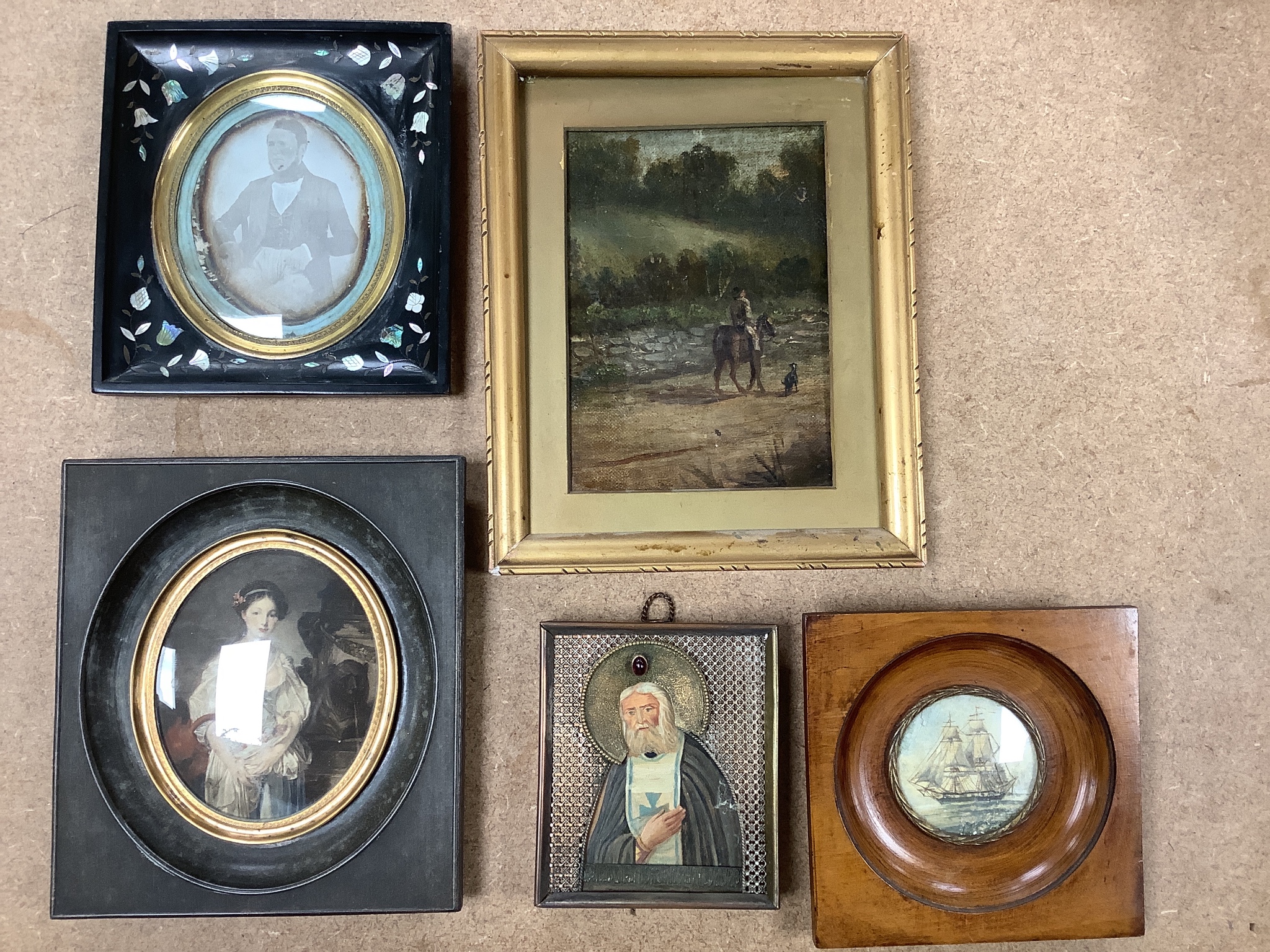 A 19th century Daguerreotype portrait of a gentleman, together with a small Russian painted icon, a small miniature watercolour study of a French galleon, a small oil study on canvas, horse and rider along a country lane